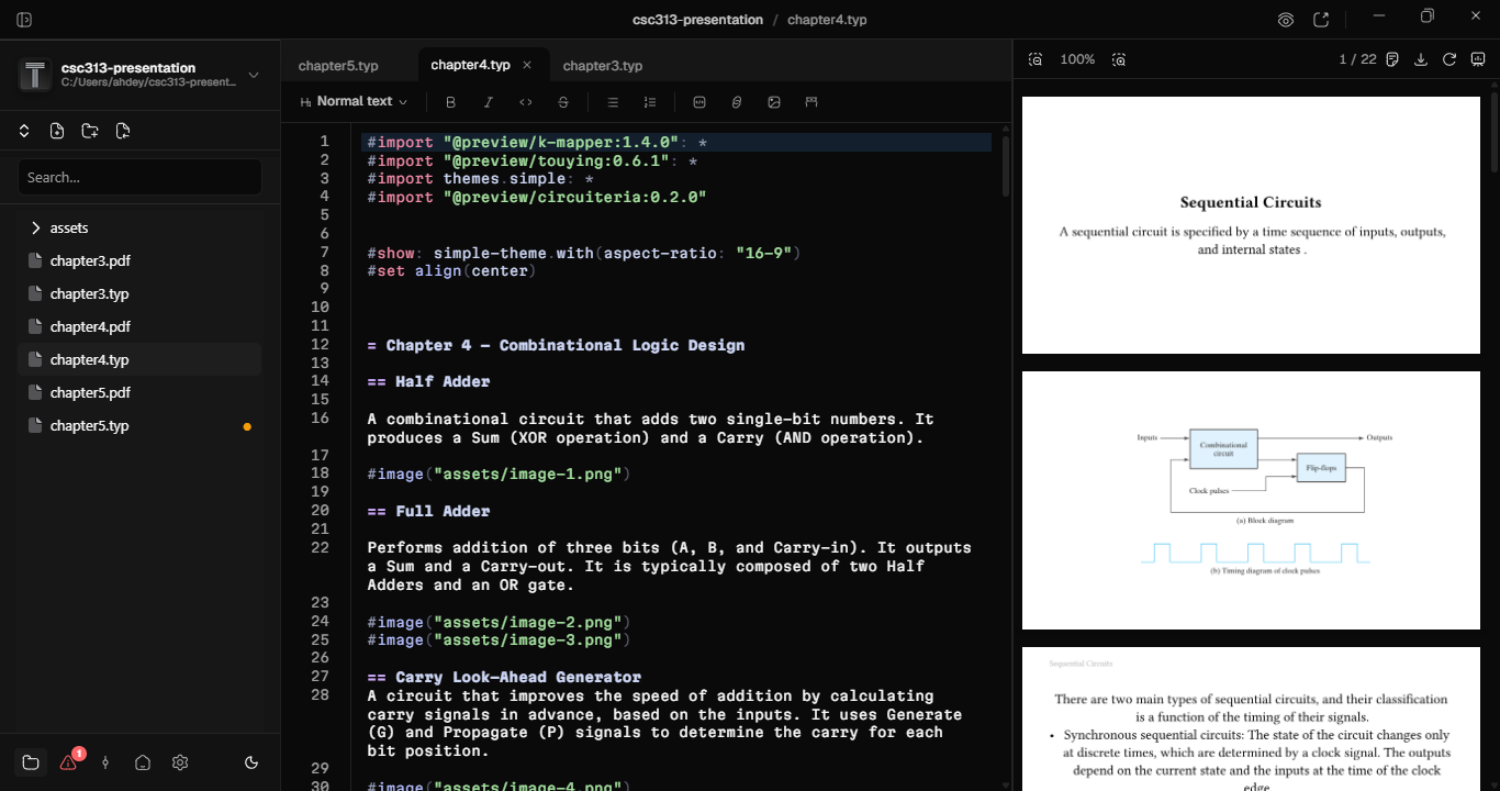 Typwriter editor in dark mode, source on the left, rendered preview on the right