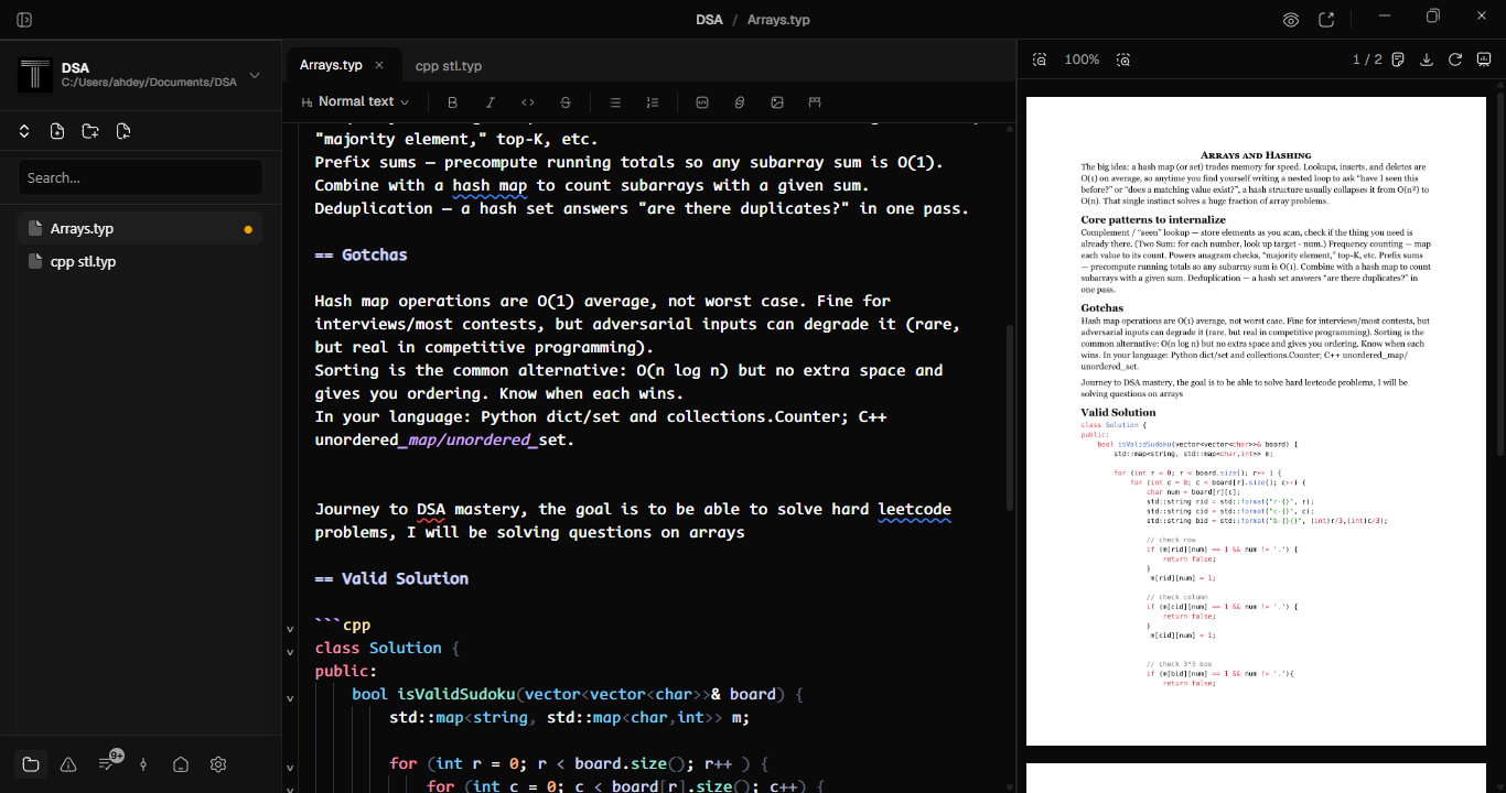 Typwriter editor in dark mode, source on the left, rendered preview on the right